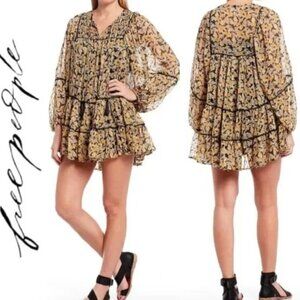 Free People Free Swinging Floral Metallic Print Boho Tiered Mini Dress XS